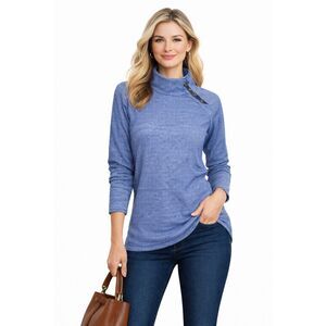 J.McLaughlin XS Blue Textured Pullover Sweater Button Shoulder Tunic Top Stretch